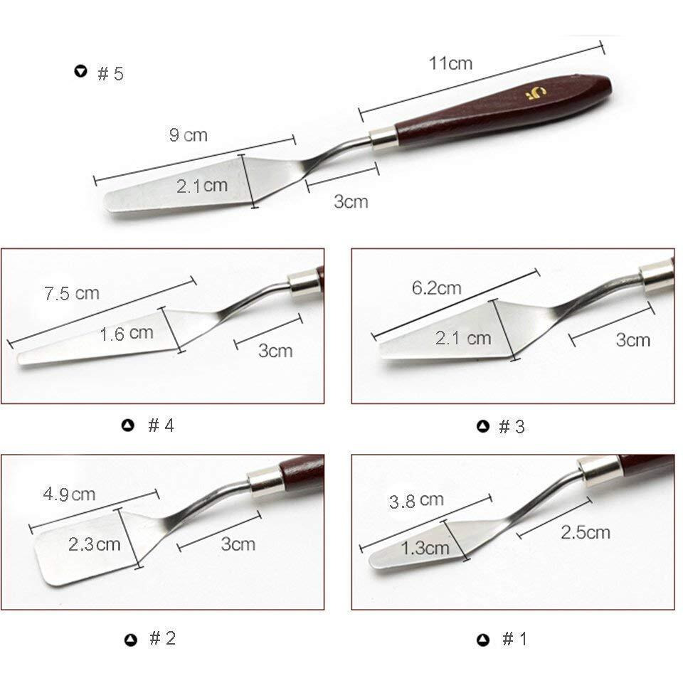 Verixpress Set Of -5 Palette Painting Knives Of Various Sizes & Shapes, Stainless Steel Scraper Spatula Polished Brown Handle For Artist Canvas Oil Paint Color Mixing