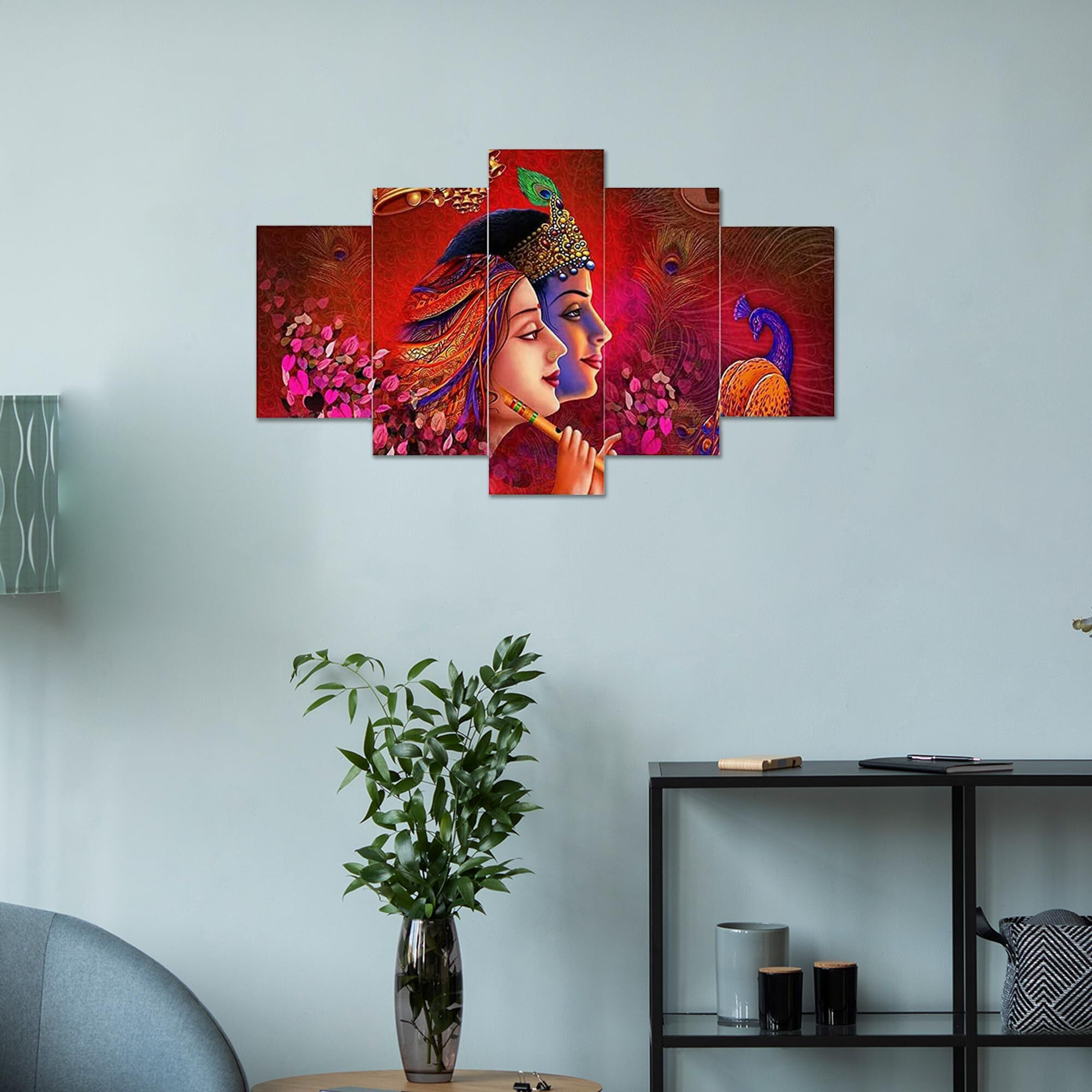 Alertera Industries Wall Paintings | Wood Wall Art For Bedroom | Radha-Krishna Wall Sculpture | Painting For Office | Painting For Hotels | 5 Piece Set | (17X30) | Red