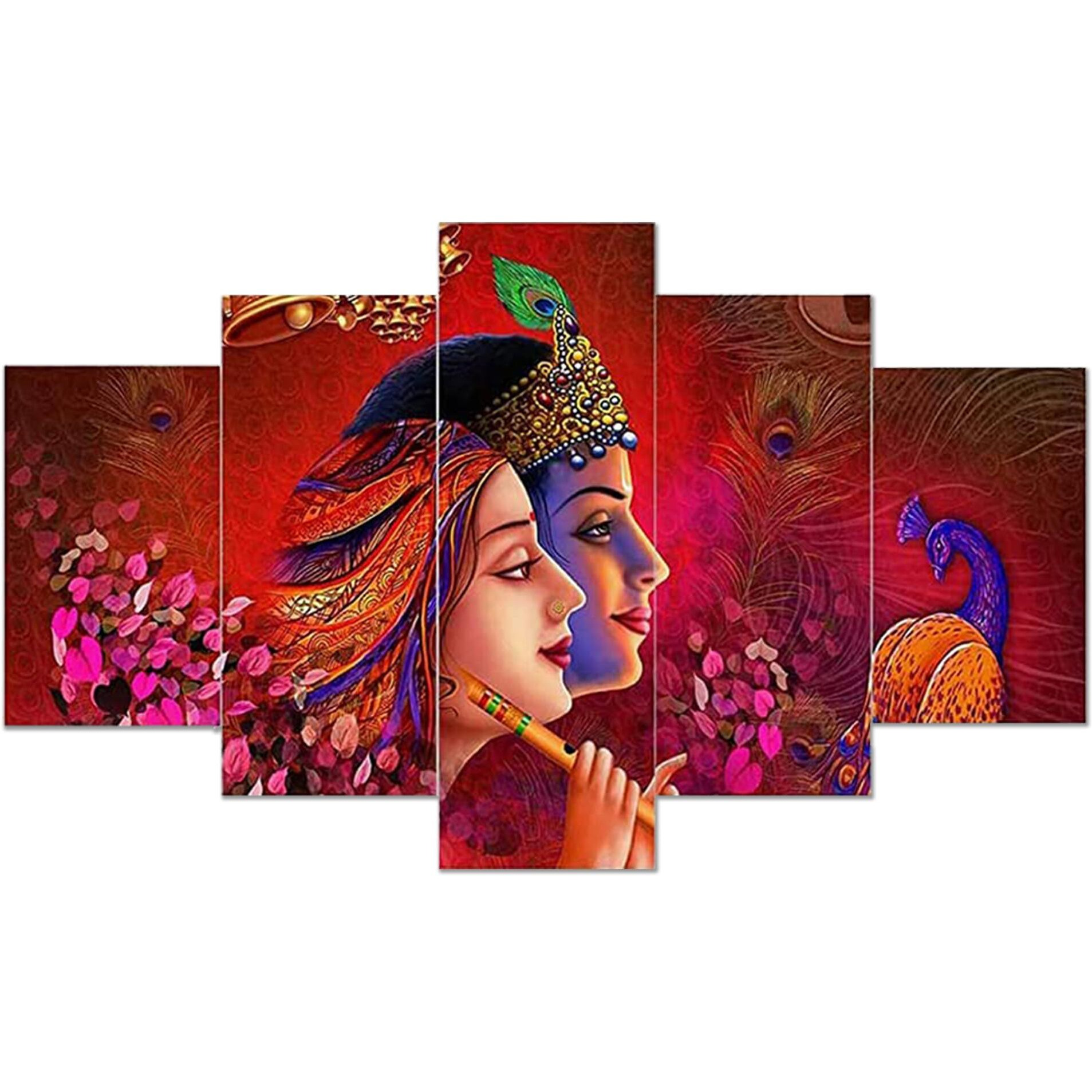 Alertera Industries Wall Paintings | Wood Wall Art For Bedroom | Radha-Krishna Wall Sculpture | Painting For Office | Painting For Hotels | 5 Piece Set | (17X30) | Red
