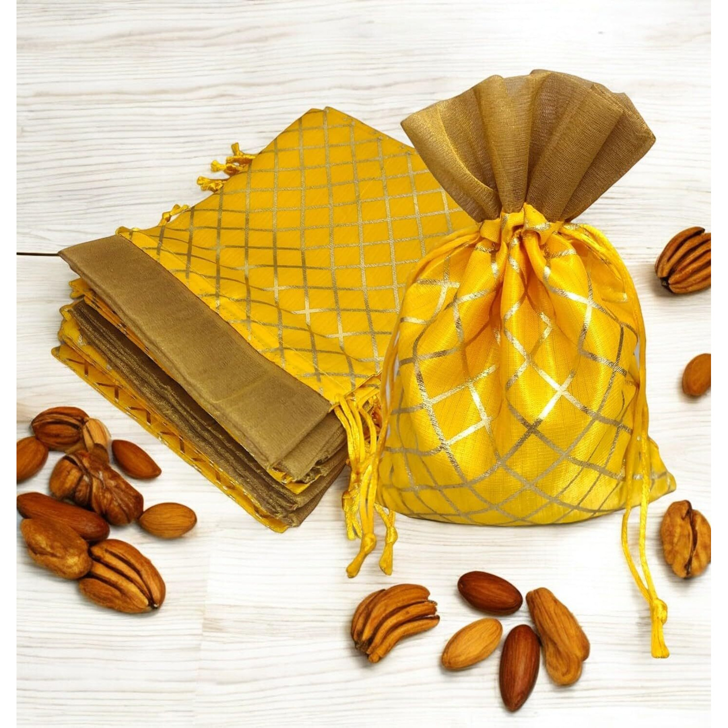 Pandeji Handcrafted Drawstring Pouch With Golden Grid Pattern/Berfi Print, Potli For Gift (Yellow Color 18Cmx25Cm Medium, Set Of 25Pc)