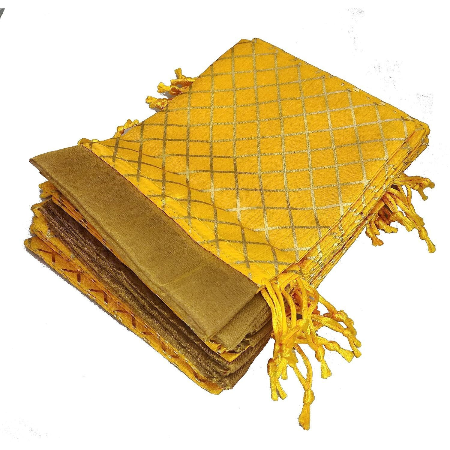 Pandeji Handcrafted Drawstring Pouch With Golden Grid Pattern/Berfi Print, Potli For Gift (Yellow Color 18Cmx25Cm Medium, Set Of 25Pc)