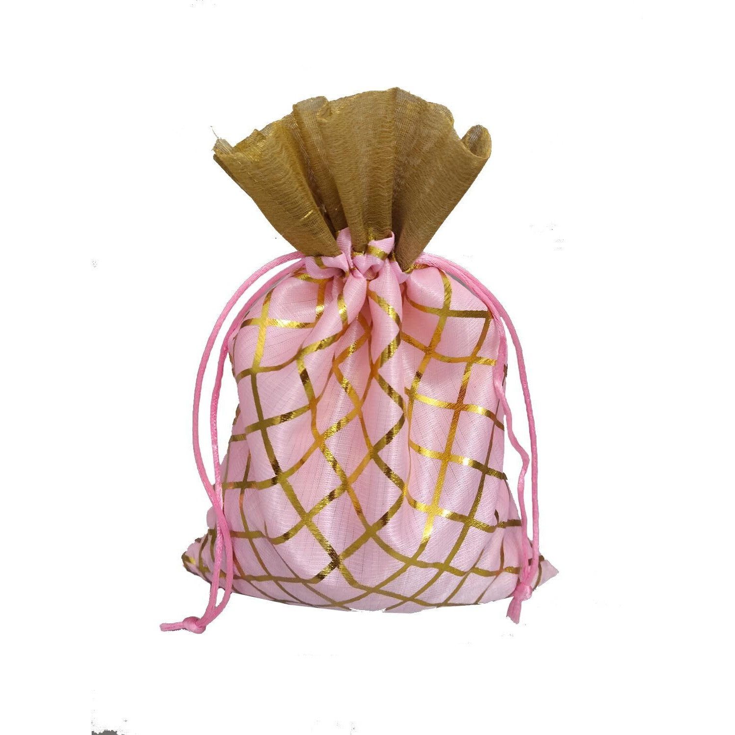 Pandeji Handcrafted Drawstring Pouch With Golden Grid Pattern/Berfi Print, Potli For Gift (Pink Color 13Cmx18Cm Small, Set Of 25Pc)