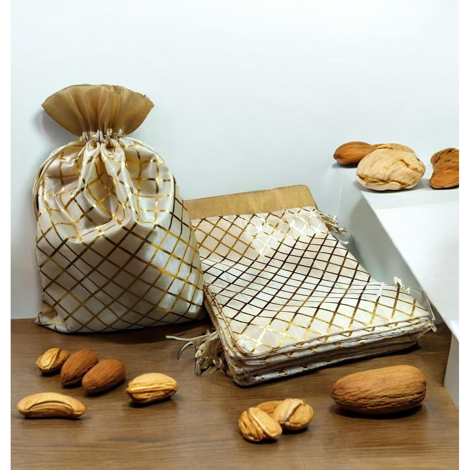 Pandeji Handcrafted Drawstring Pouch With Golden Grid Pattern/Berfi Print, Potli For Gift (Cream Color 20Cmx30 Large, Set Of 25Pc)