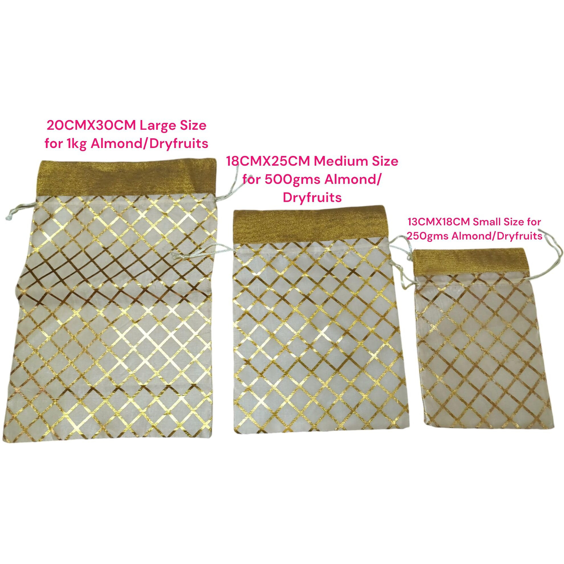 Pandeji Handcrafted Drawstring Pouch With Golden Grid Pattern/Berfi Print, Potli For Gift (Cream Color 20Cmx30 Large, Set Of 25Pc)