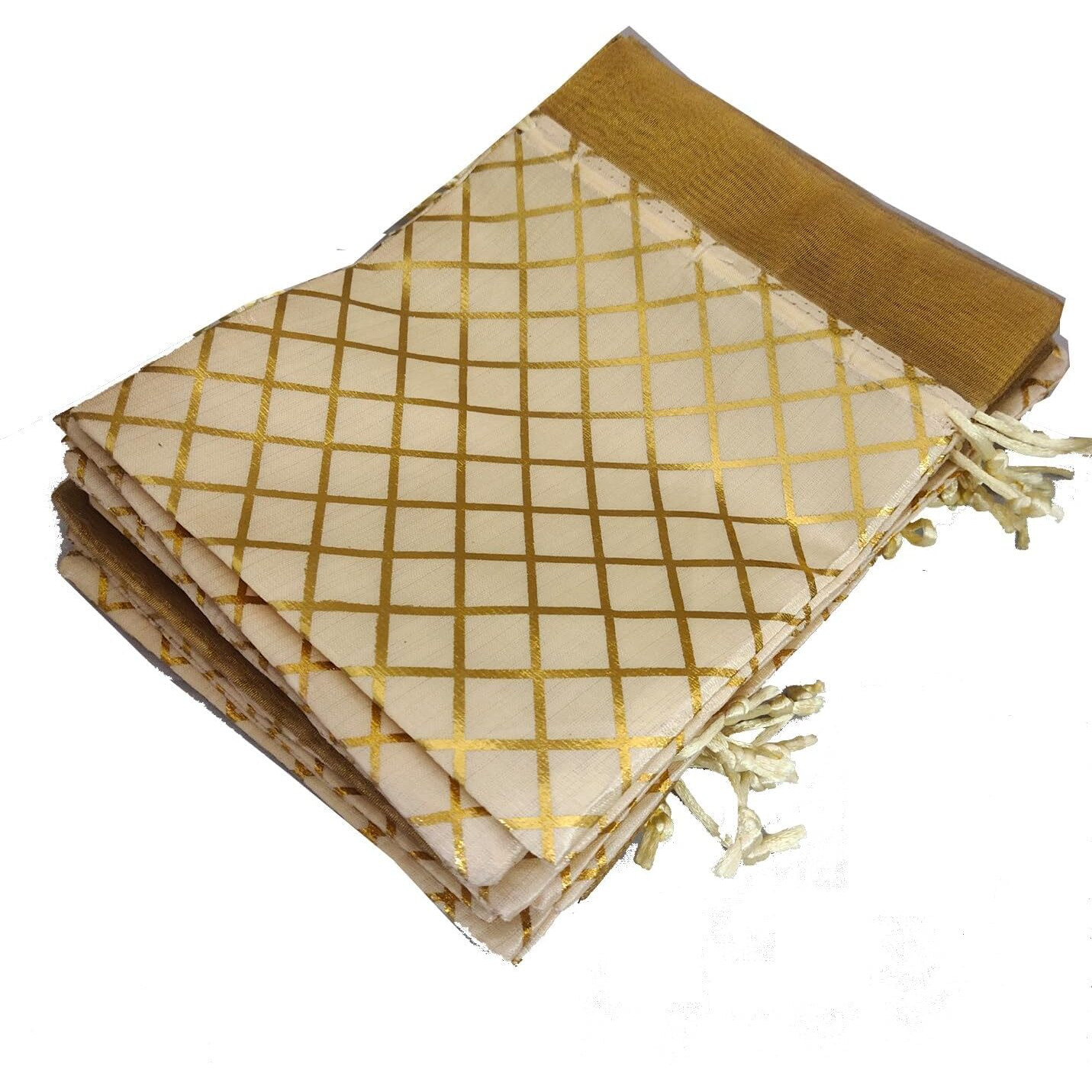 Pandeji Handcrafted Drawstring Pouch With Golden Grid Pattern/Berfi Print, Potli For Gift (Cream Color 20Cmx30 Large, Set Of 25Pc)
