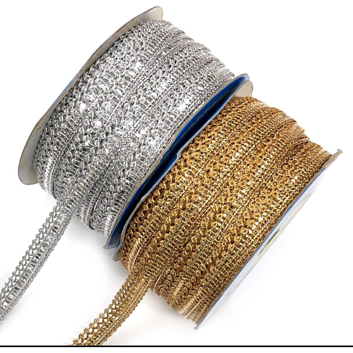 Embroiderymaterial Combo Of Gold And Silver Zari Lace With Shining Sequence Sitara For Saree Border, Blouse, Dupatta Border, Lehenga, Kurti Etc (18 Meters/Roll, 10Mm Wide)