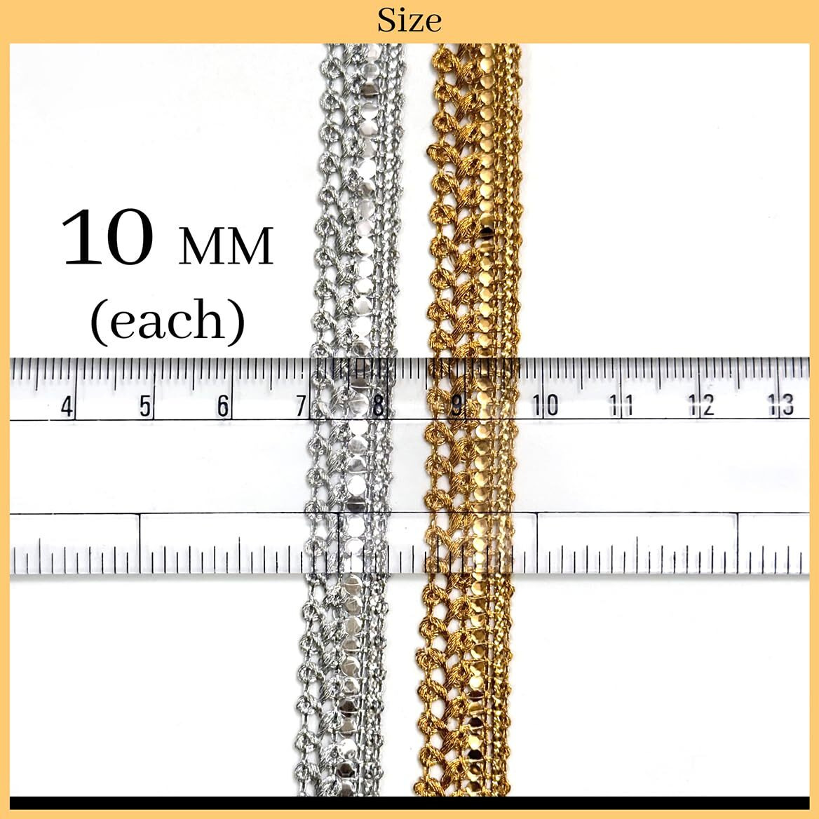 Embroiderymaterial Combo Of Gold And Silver Zari Lace With Shining Sequence Sitara For Saree Border, Blouse, Dupatta Border, Lehenga, Kurti Etc (18 Meters/Roll, 10Mm Wide)