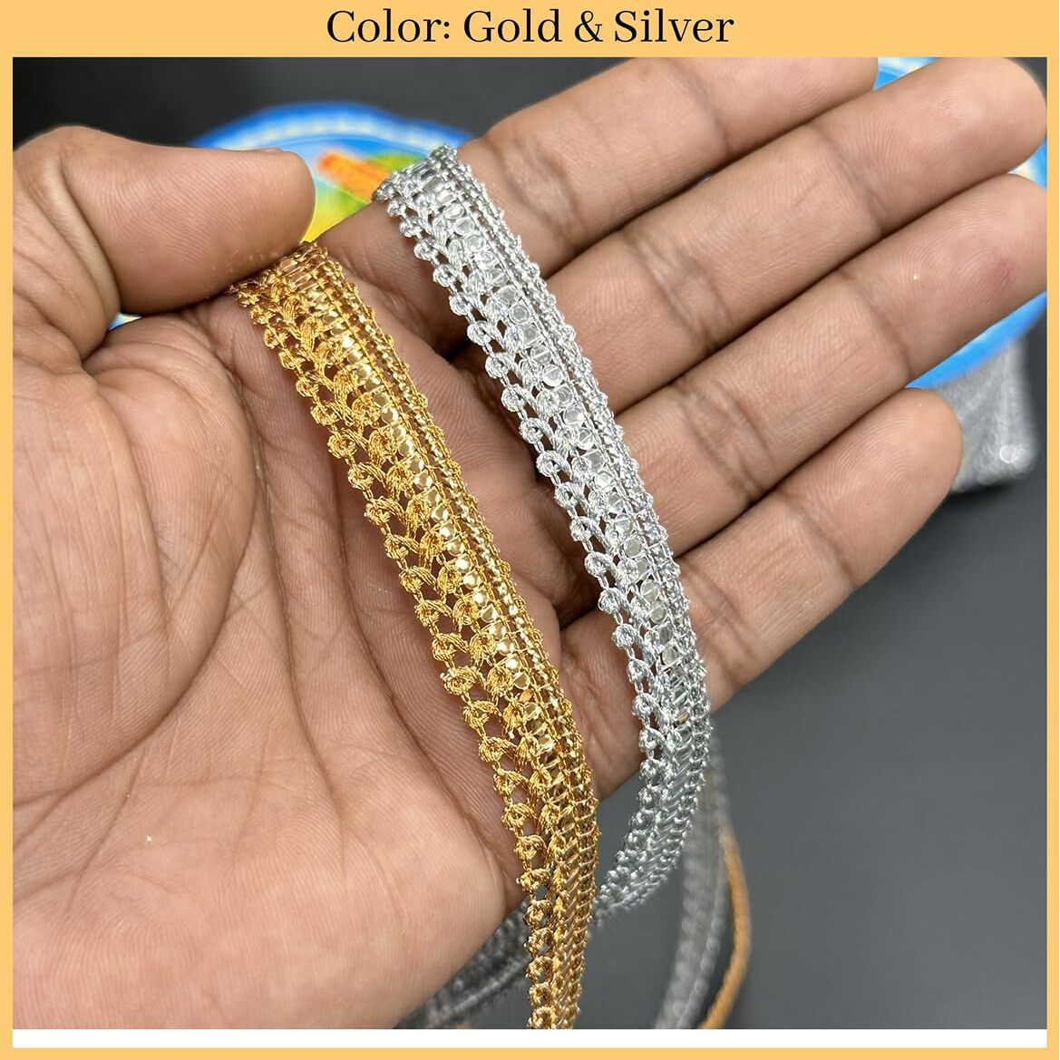 Embroiderymaterial Combo Of Gold And Silver Zari Lace With Shining Sequence Sitara For Saree Border, Blouse, Dupatta Border, Lehenga, Kurti Etc (18 Meters/Roll, 10Mm Wide)