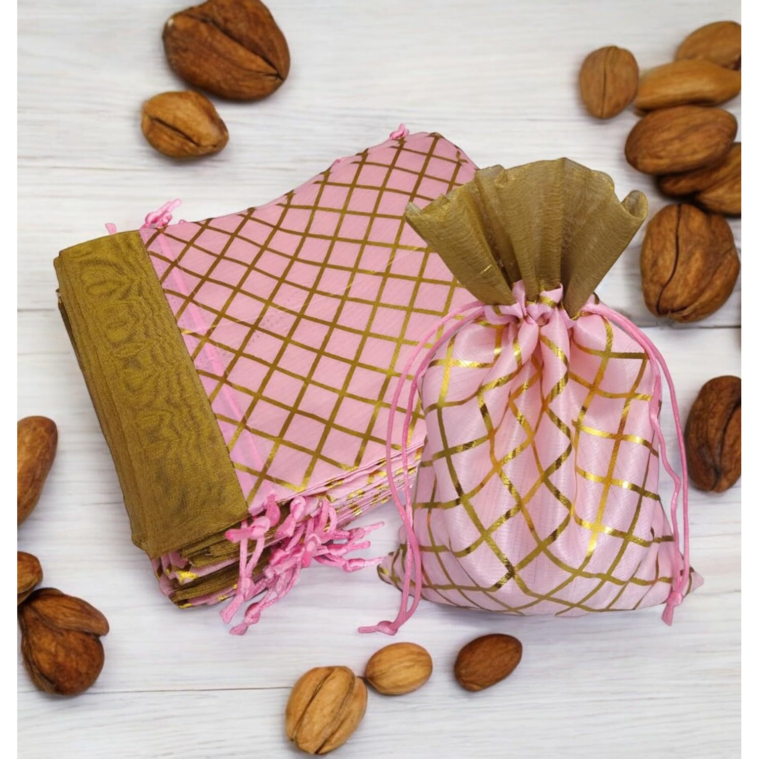 Pandeji Handcrafted Drawstring Pouch With Golden Grid Pattern/Berfi Print, Potli For Gift (Pink Color 18Cmx25Cm Medium, Set Of 25Pc)
