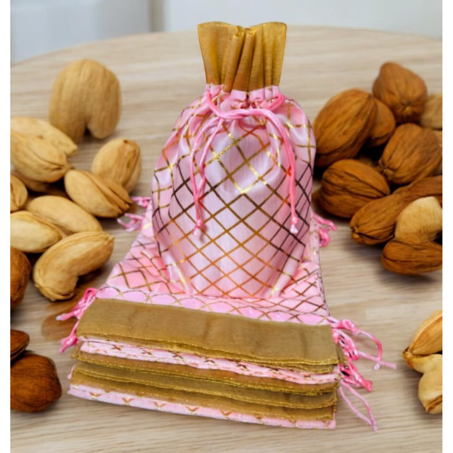 Pandeji Handcrafted Drawstring Pouch With Golden Grid Pattern/Berfi Print, Potli For Gift (Pink Color 18Cmx25Cm Medium, Set Of 25Pc)