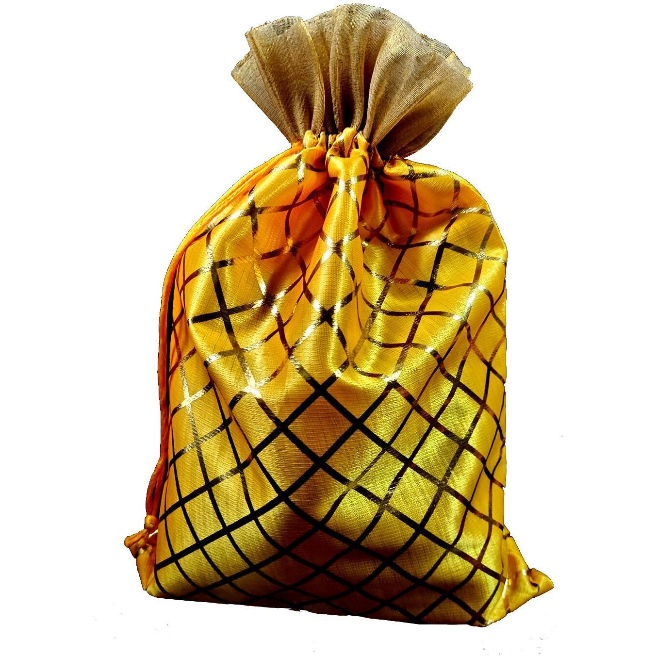 Pandeji Handcrafted Drawstring Pouch With Golden Grid Pattern/Berfi Print, Potli For Gift (Yellow Color 20Cmx30 Large, Set Of 25Pc)