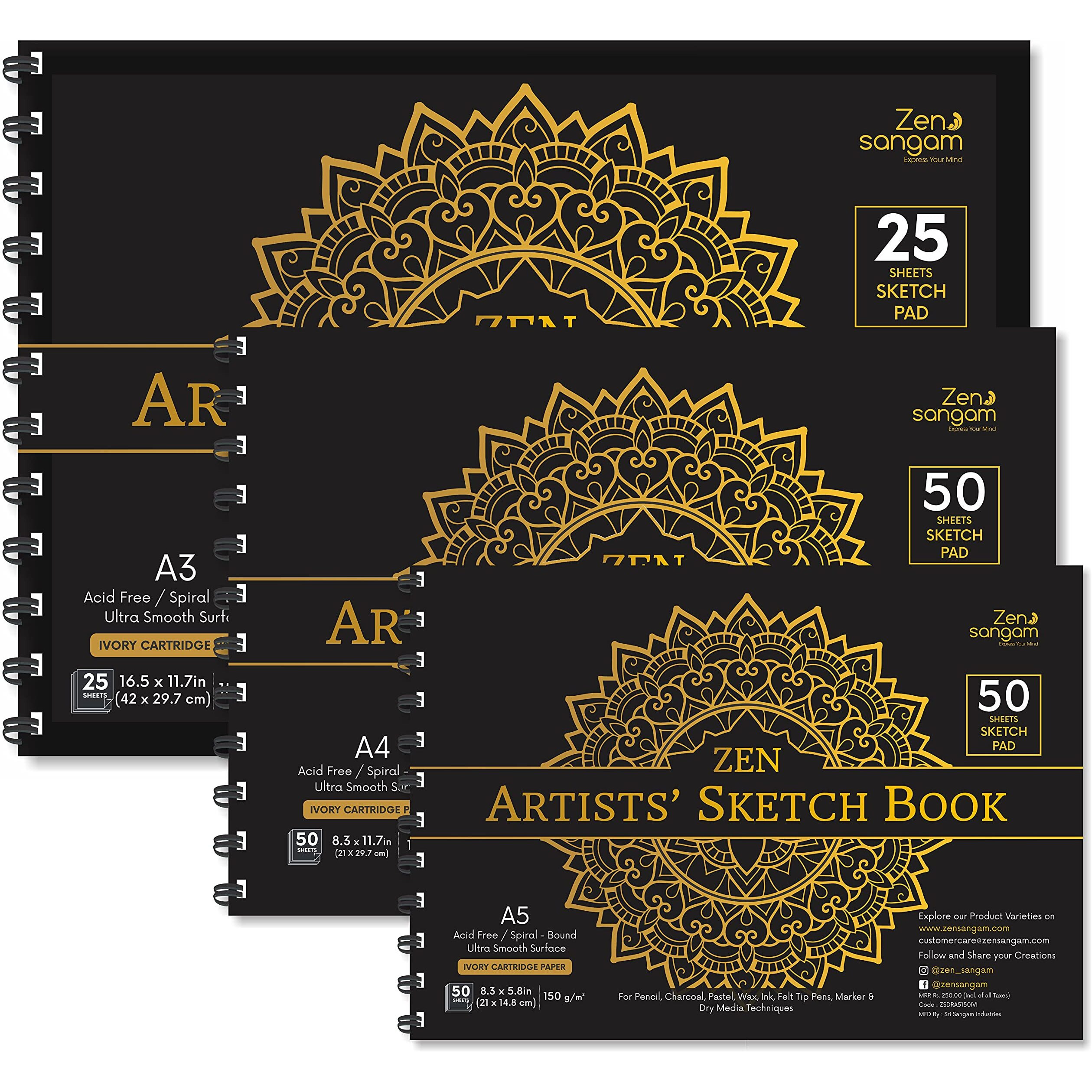 Zen Sangam Artists - Combo Of A3,A4,A5 Spiral Sketchpad Drawing Notebooks - 160 Gsm - Ultra Smooth Surface - Wiro Sketchbooks