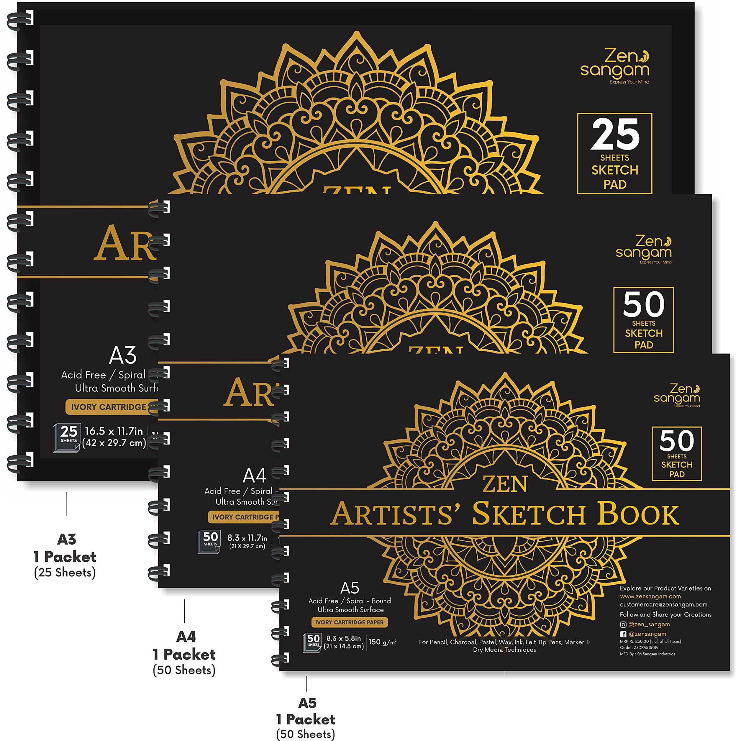 Zen Sangam Artists - Combo Of A3,A4,A5 Spiral Sketchpad Drawing Notebooks - 160 Gsm - Ultra Smooth Surface - Wiro Sketchbooks