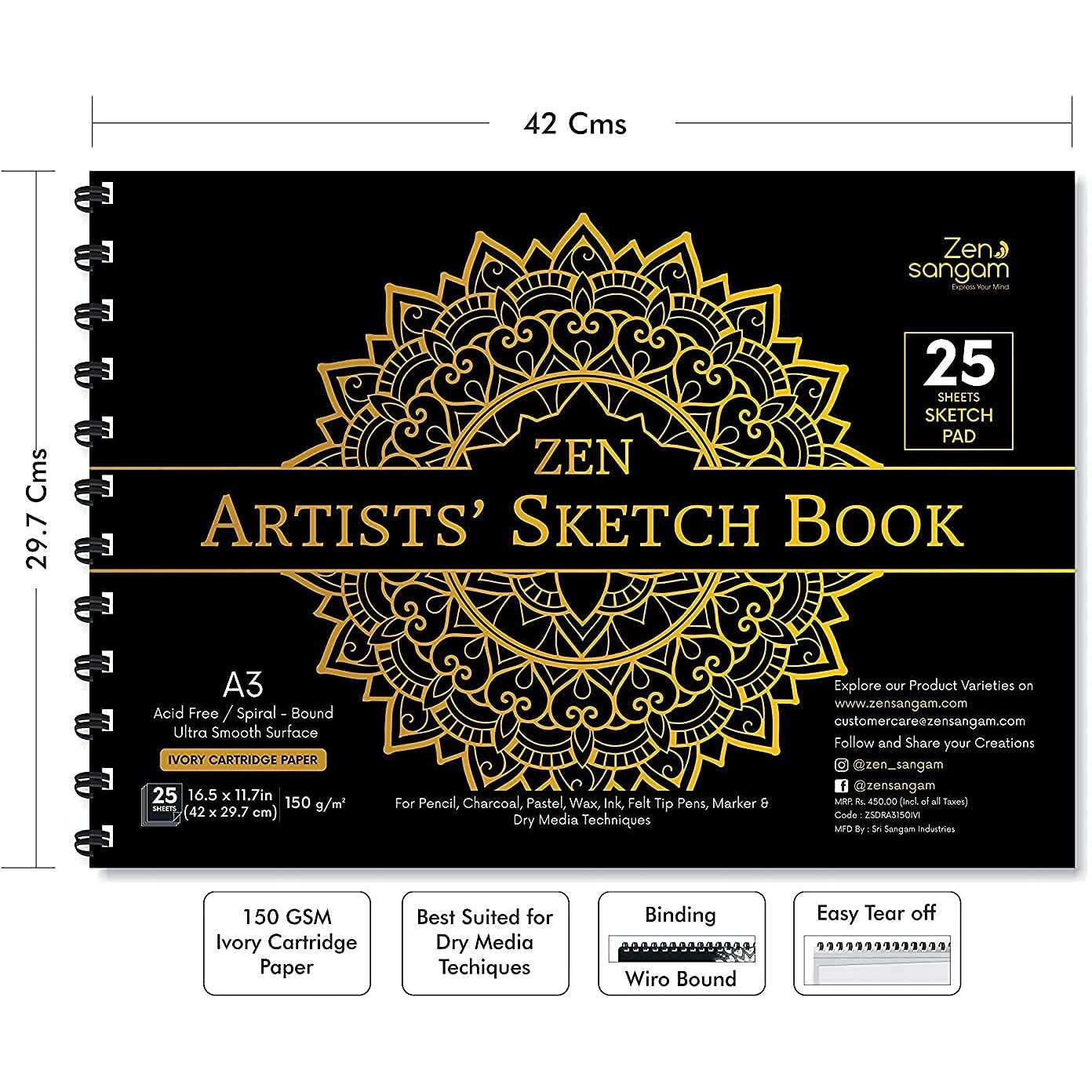 Zen Sangam Artists - Combo Of A3,A4,A5 Spiral Sketchpad Drawing Notebooks - 160 Gsm - Ultra Smooth Surface - Wiro Sketchbooks