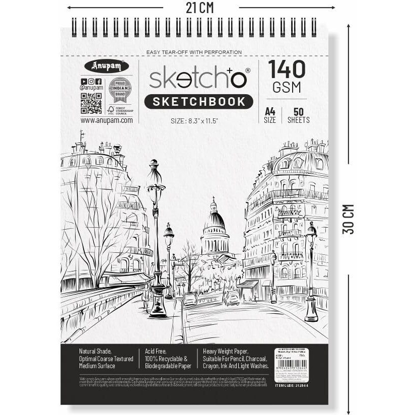 Anupam Sketcho A4 Sketch Book - Top Spiral-Bound Sketchpad - Acid Free Professional Grade Drawing And Sketchbook 140 Gsm - 100 Pages / 50 Sheets
