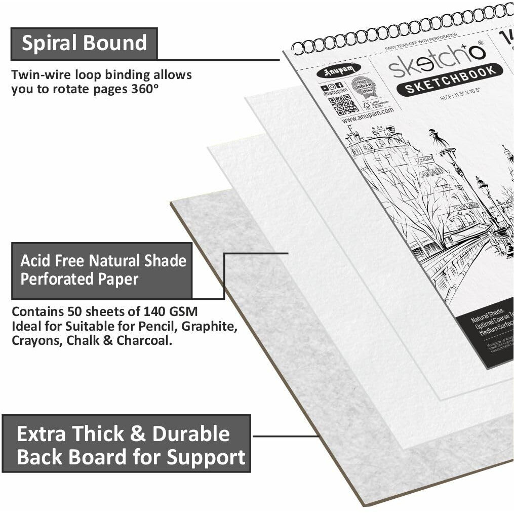 Anupam Sketcho A4 Sketch Book - Top Spiral-Bound Sketchpad - Acid Free Professional Grade Drawing And Sketchbook 140 Gsm - 100 Pages / 50 Sheets