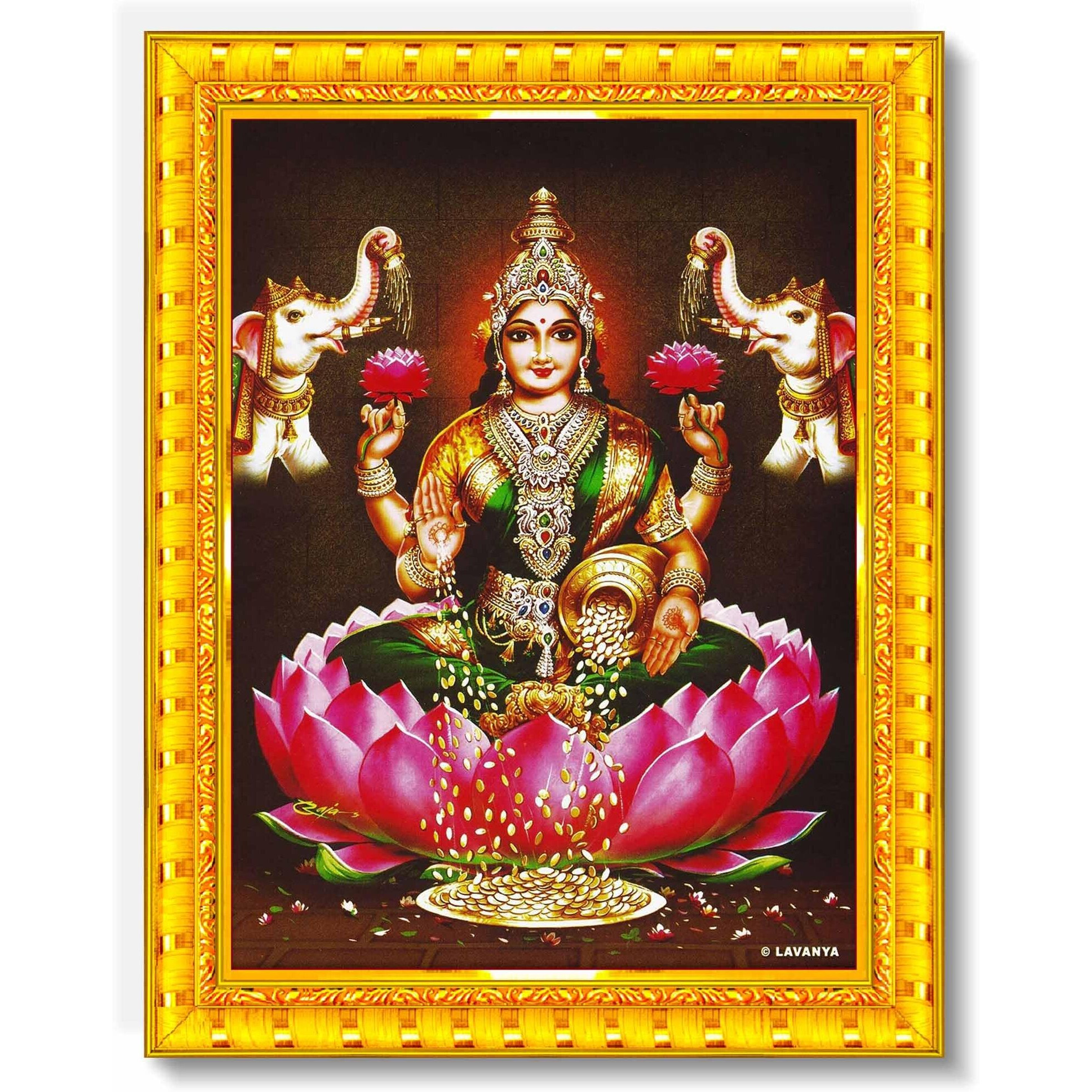 Pavan Photo Laminations Goddess Lakshmi Devi Dhana Vaibhav Laxmi Maa Wall Painting Framed Home Decor (Wood,Matte,Gold,Big Size,10 X 12 Inch) R315M