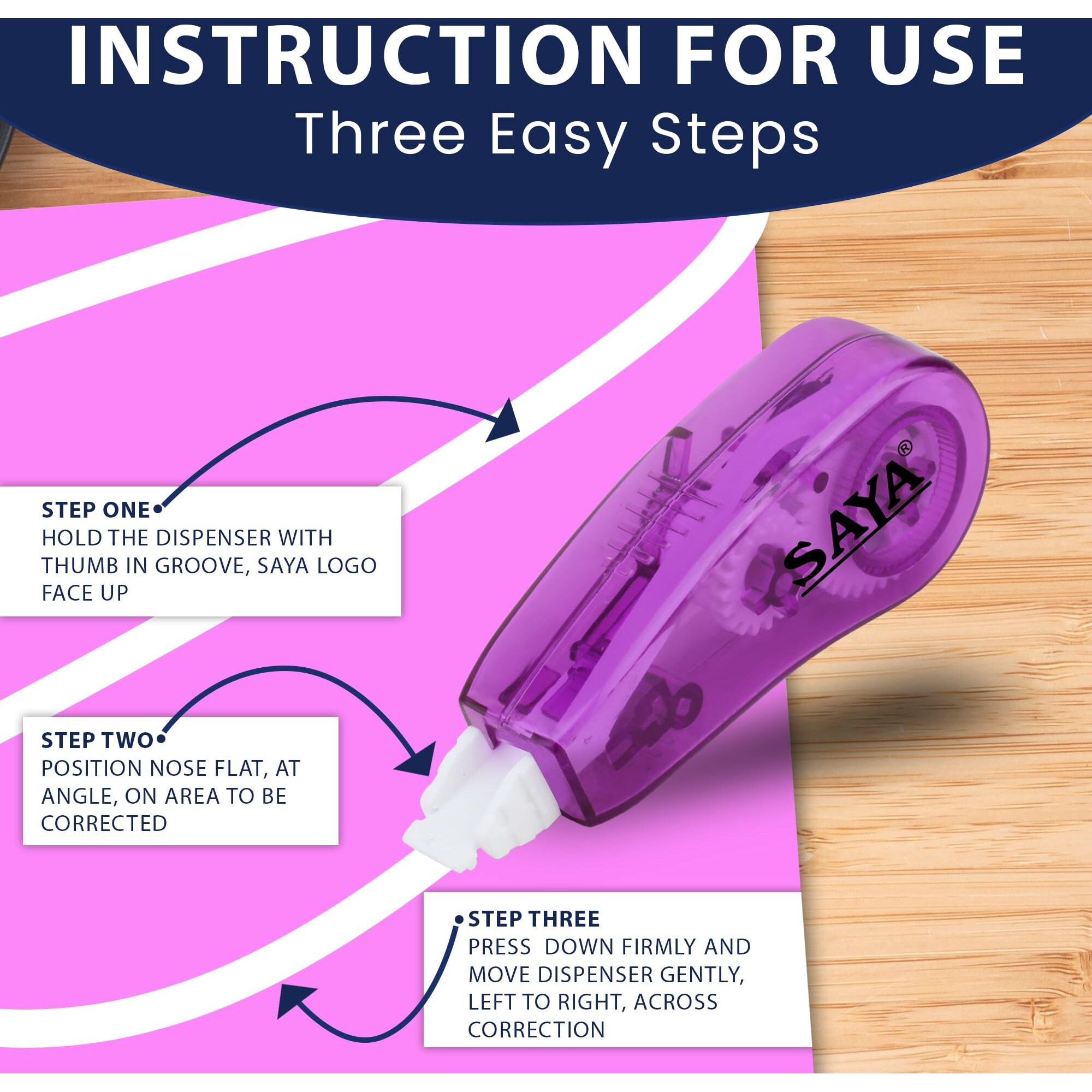Saya Correction Tape - 3 Meter Pink Refillable Tape For Instant Corrections - Ideal For School, Office, And Home Use - Easy To Use, Smooth Application, And Quick Drying For Flawless Editing