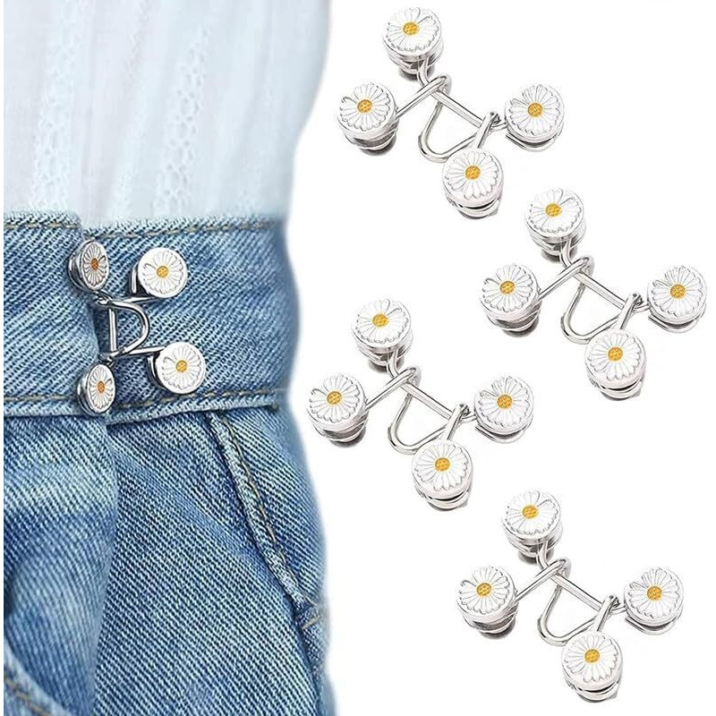 Xvia Flower Waist Pin,Jeans Adjustable Button Pins Waist Buckle For Loose Jeans Pants,Pearl Detachable Instant Jeans Button Pins Waist Tightener(4-Pcs)