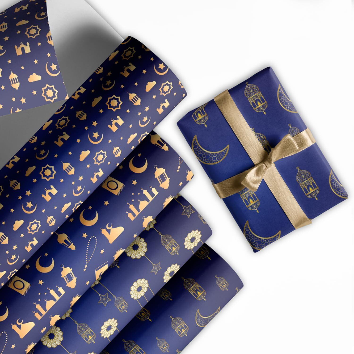 Festiko Set Of 12 Pcs Wrapping Papers For Ramadan/Eid (Blue & Golden), Gift Wrapping Paper, Eid Party Supplies