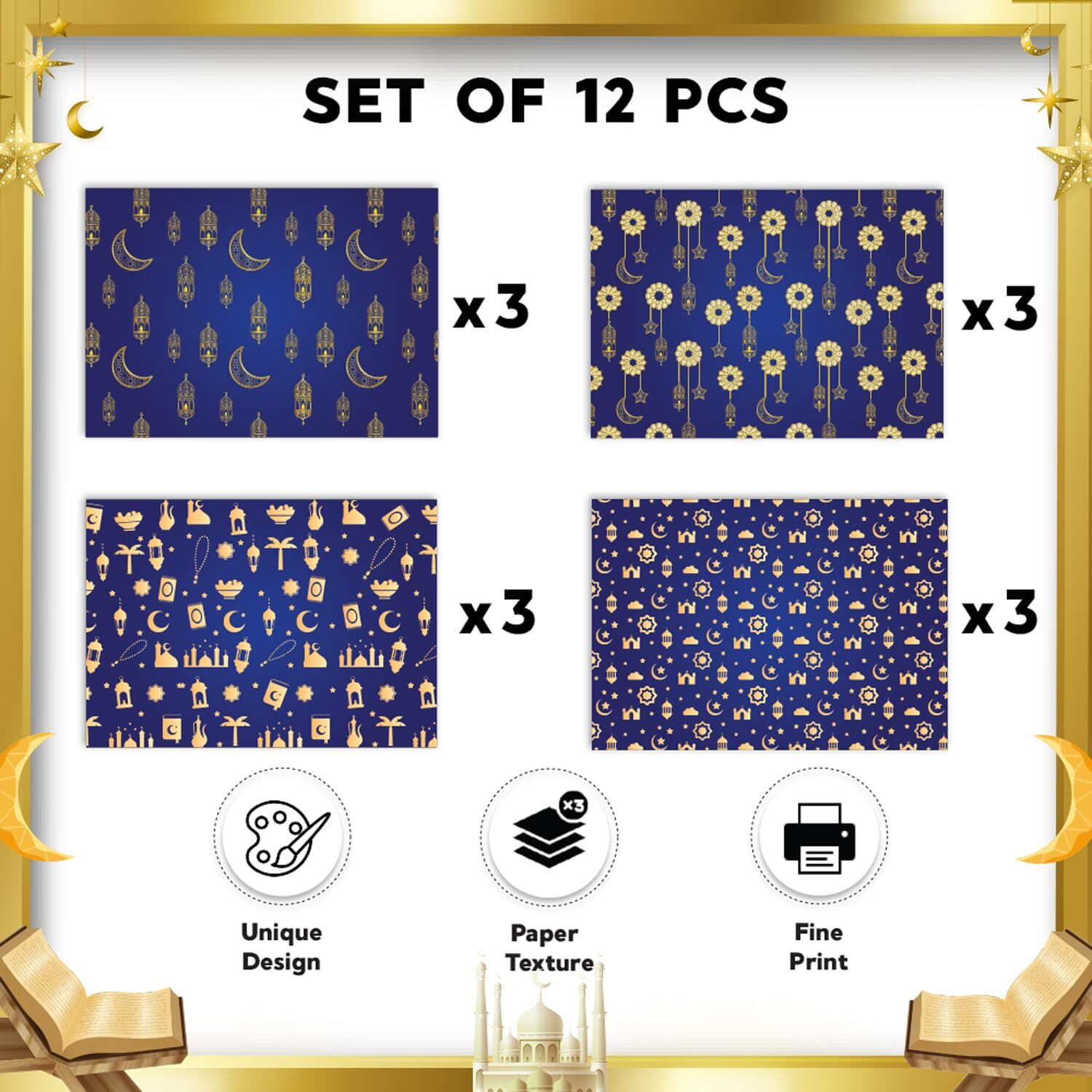 Festiko Set Of 12 Pcs Wrapping Papers For Ramadan/Eid (Blue & Golden), Gift Wrapping Paper, Eid Party Supplies