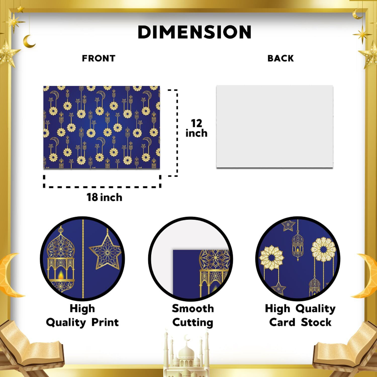 Festiko Set Of 12 Pcs Wrapping Papers For Ramadan/Eid (Blue & Golden), Gift Wrapping Paper, Eid Party Supplies
