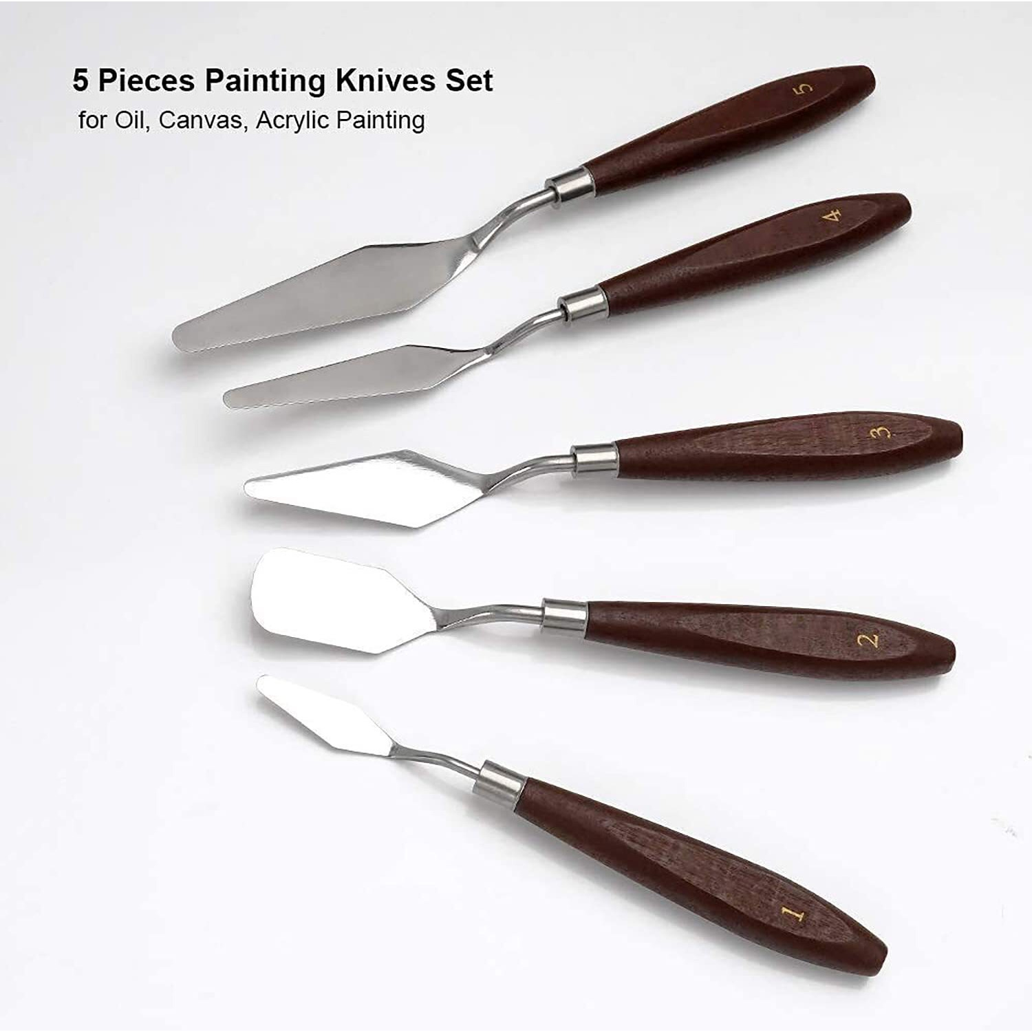 Icraft Set Of 5 Palette Painting Knives Of Various Sizes & Shapes, Stainless Steel Scraper Spatula Polished Brown Handle For Artist Canvas Oil Paint Color Mixing, Standard (Ic-5_Knives)