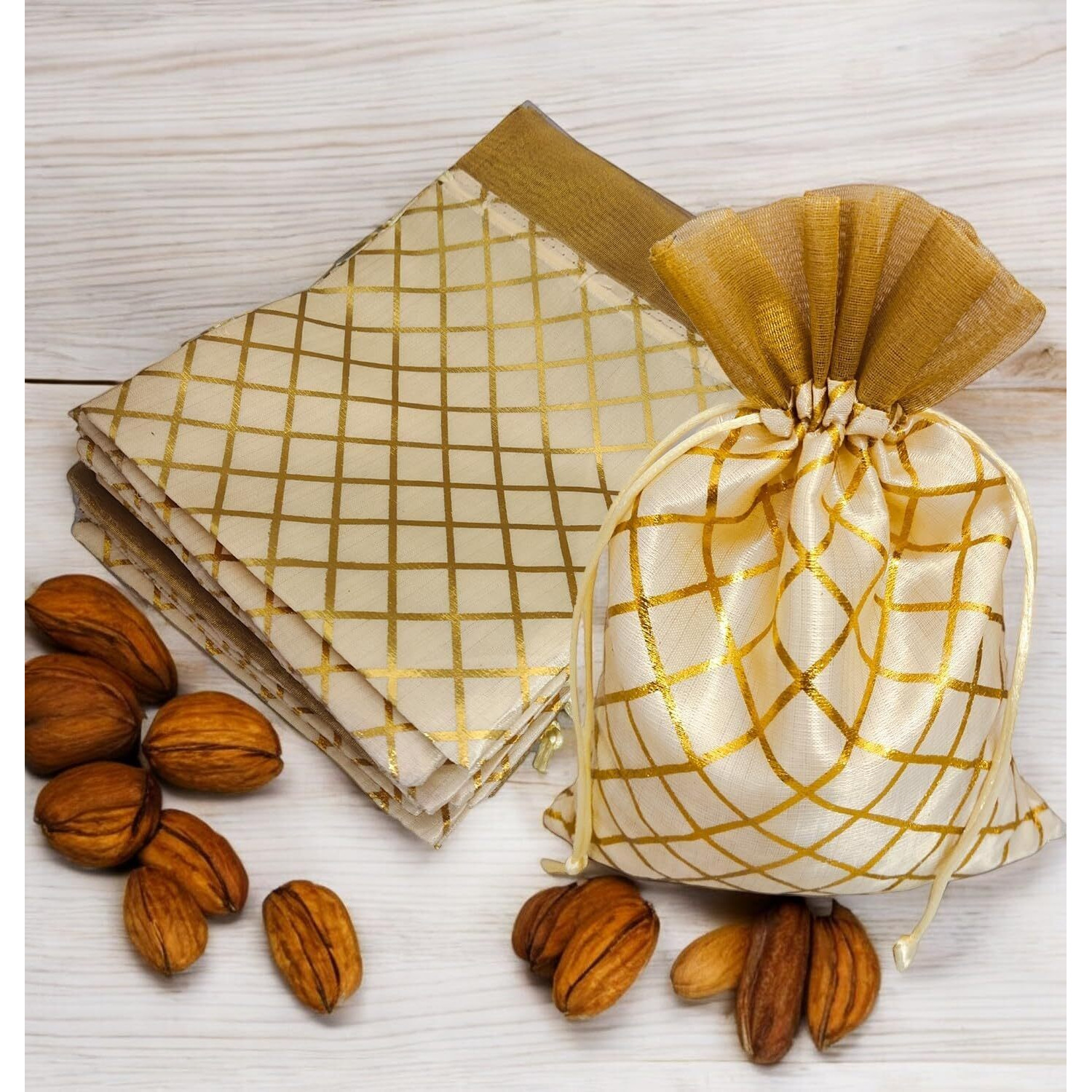 Pandeji Handcrafted Drawstring Pouch With Golden Grid Pattern/Berfi Print, Potli For Gift (Cream Color 18Cmx25Cm Medium, Set Of 25Pc)