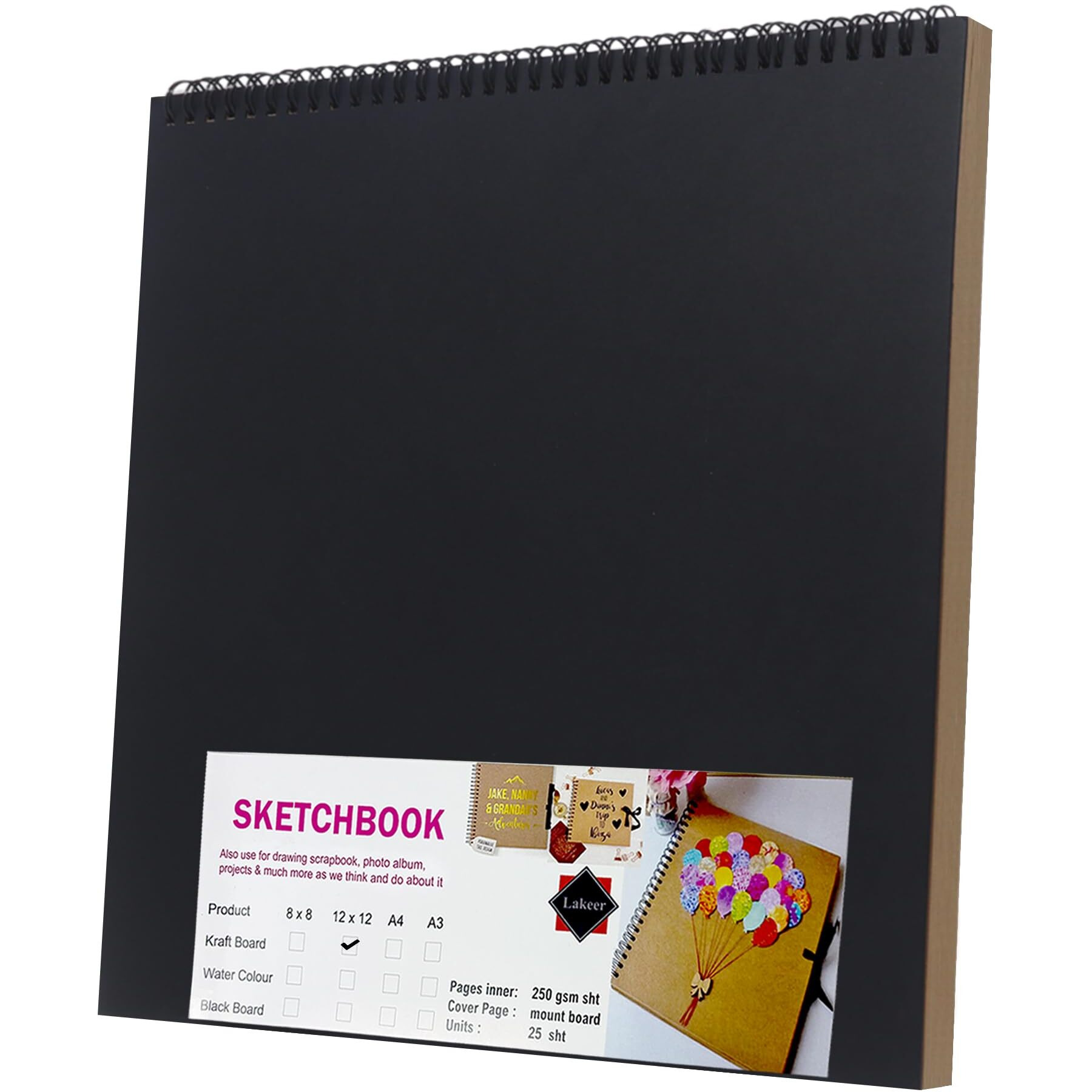 Lakeer 12 X 12 Inch Wiro Bound Sketchbook - 250 Gsm Kraft Paper, 25 Sheets | Acid-Free | For Sketching, Drawing, Painting, Scrapbooking (Brown)