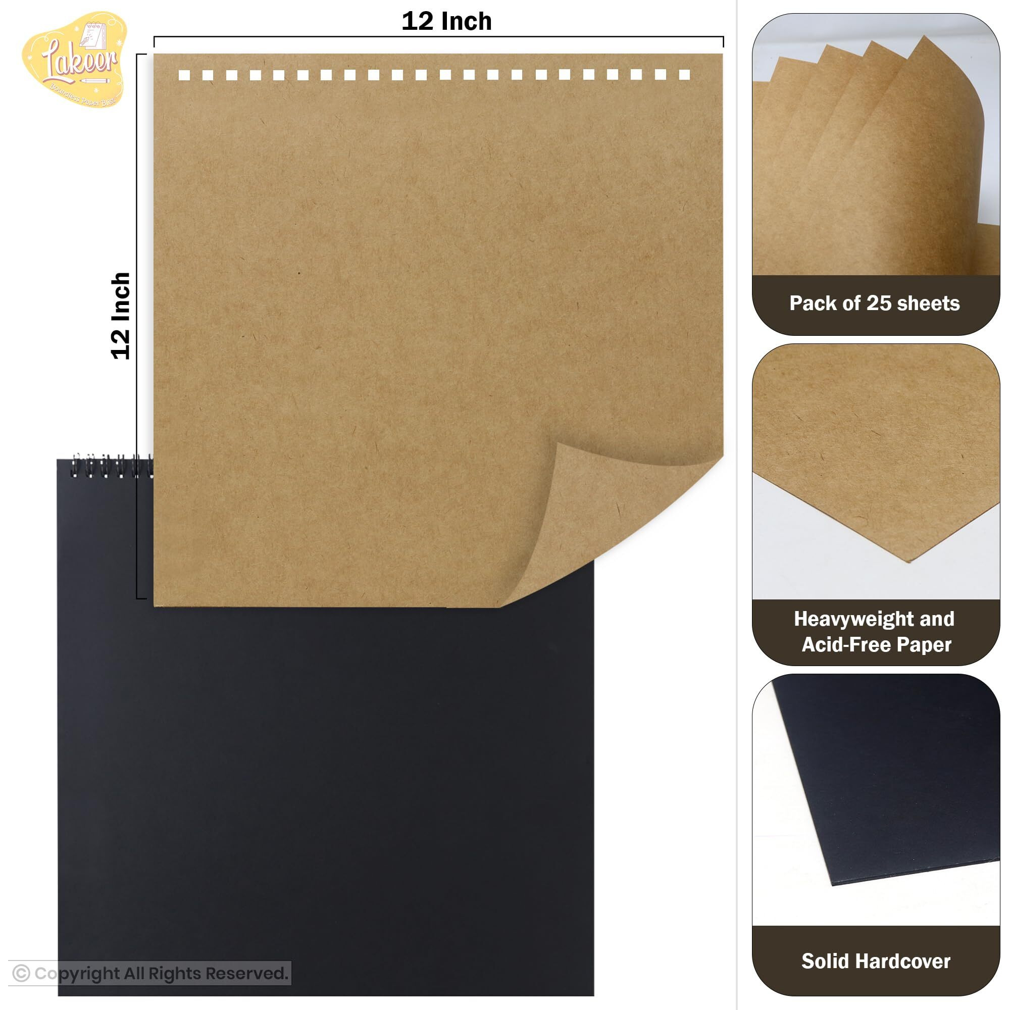 Lakeer 12 X 12 Inch Wiro Bound Sketchbook - 250 Gsm Kraft Paper, 25 Sheets | Acid-Free | For Sketching, Drawing, Painting, Scrapbooking (Brown)