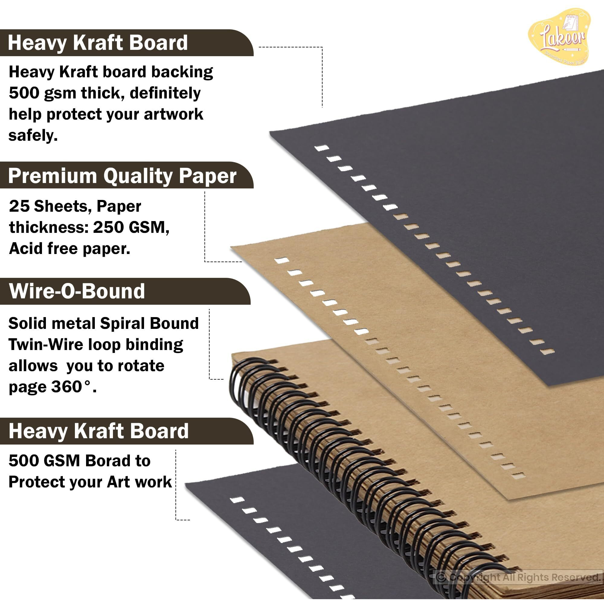 Lakeer 12 X 12 Inch Wiro Bound Sketchbook - 250 Gsm Kraft Paper, 25 Sheets | Acid-Free | For Sketching, Drawing, Painting, Scrapbooking (Brown)
