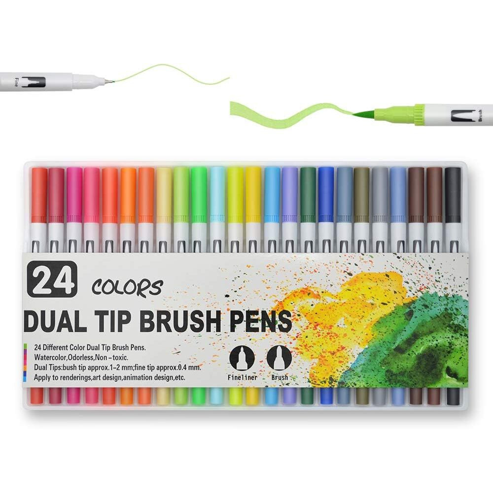 The Art Box 24 Color Dual Tip Brush Marker Pens Fineliner Color Pens Journal Pens For Calligraphy Drawing Sketching Coloring Book Journal Art Projects
