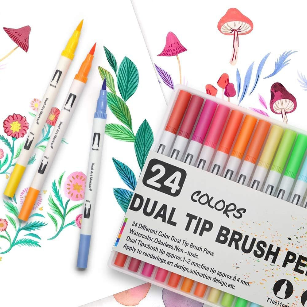The Art Box 24 Color Dual Tip Brush Marker Pens Fineliner Color Pens Journal Pens For Calligraphy Drawing Sketching Coloring Book Journal Art Projects