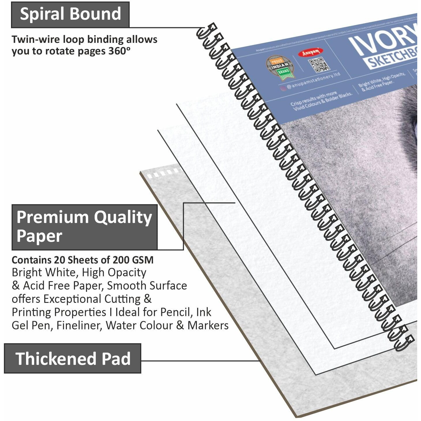 Anupam Ivory Sketch Book A4 Size Spiral-Bound Sketchpad Acid Free Paper 180 Gsm (20 Sheets, 40 Pages)