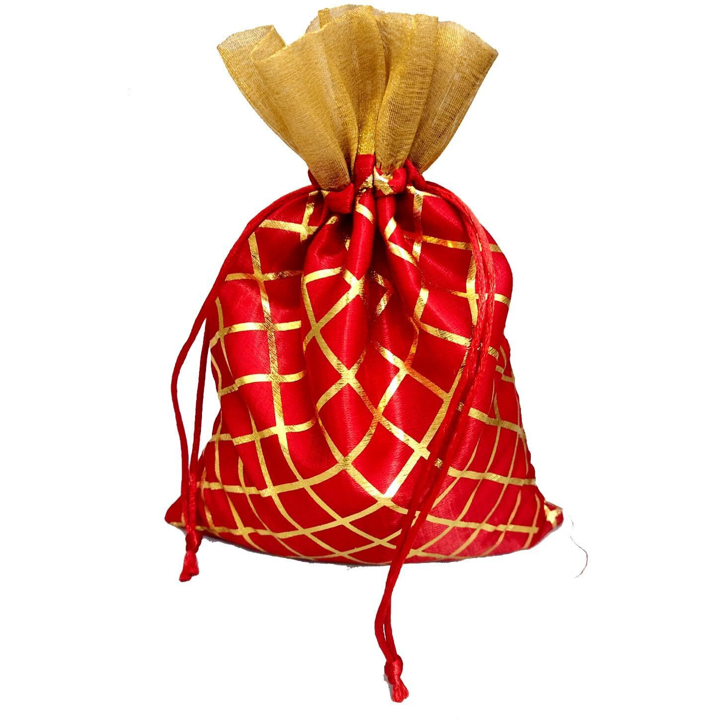 Pandeji Handcrafted Drawstring Pouch With Golden Grid Pattern/Berfi Print, Potli For Gift (Red Color 18Cmx25Cm Medium, Set Of 15Pc)