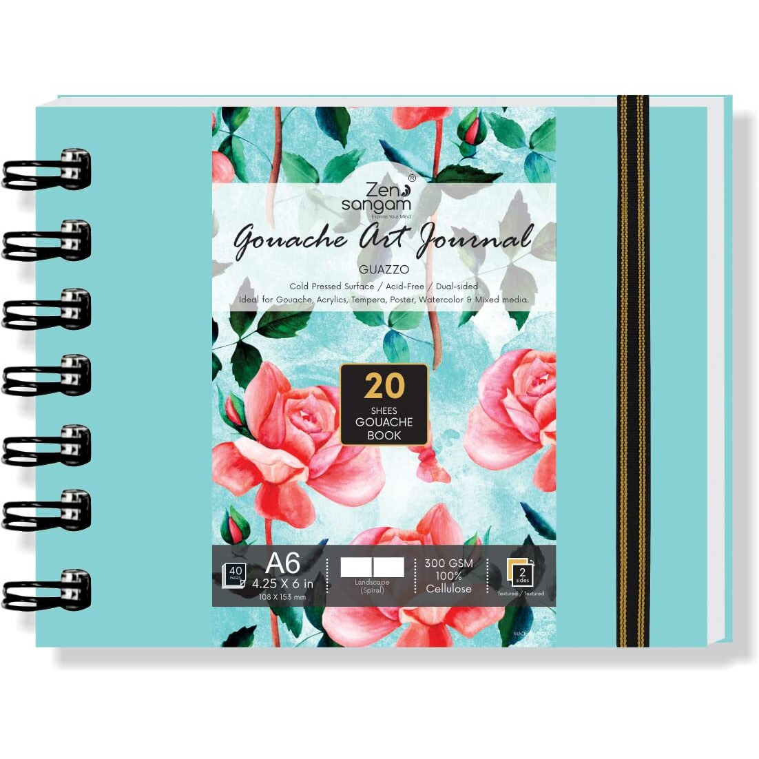 Zen Sangam Premium A6 Spiral Gouache Journal - Landscape - 300 Gsm - Cold Pressed Sketchbook - Rough Grain Surface - 20 Sheets (40 Pages) - Size (14.8X10.5Cm) - Gouache Book - Sky Blue - For Artists