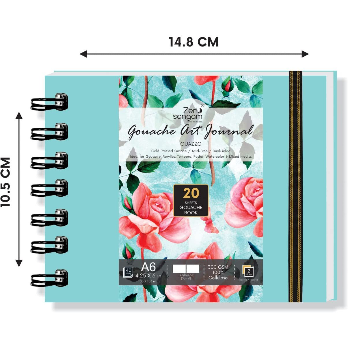Zen Sangam Premium A6 Spiral Gouache Journal - Landscape - 300 Gsm - Cold Pressed Sketchbook - Rough Grain Surface - 20 Sheets (40 Pages) - Size (14.8X10.5Cm) - Gouache Book - Sky Blue - For Artists