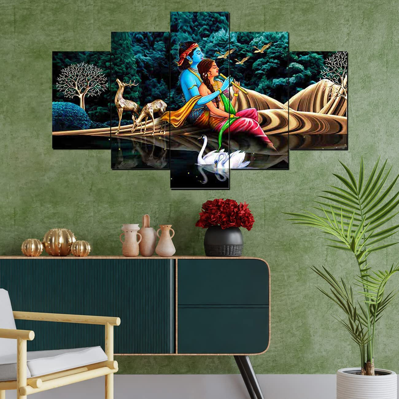 Perpetual Radha Krishna Painting With Frame | Krishna Wall Painting For Living Room | 3D Radha Krishna Photo Frame | Painting For Wall Decoration | Scenery Vastu Wall Hanging Set Of 5 (125X60 Cm) K6A
