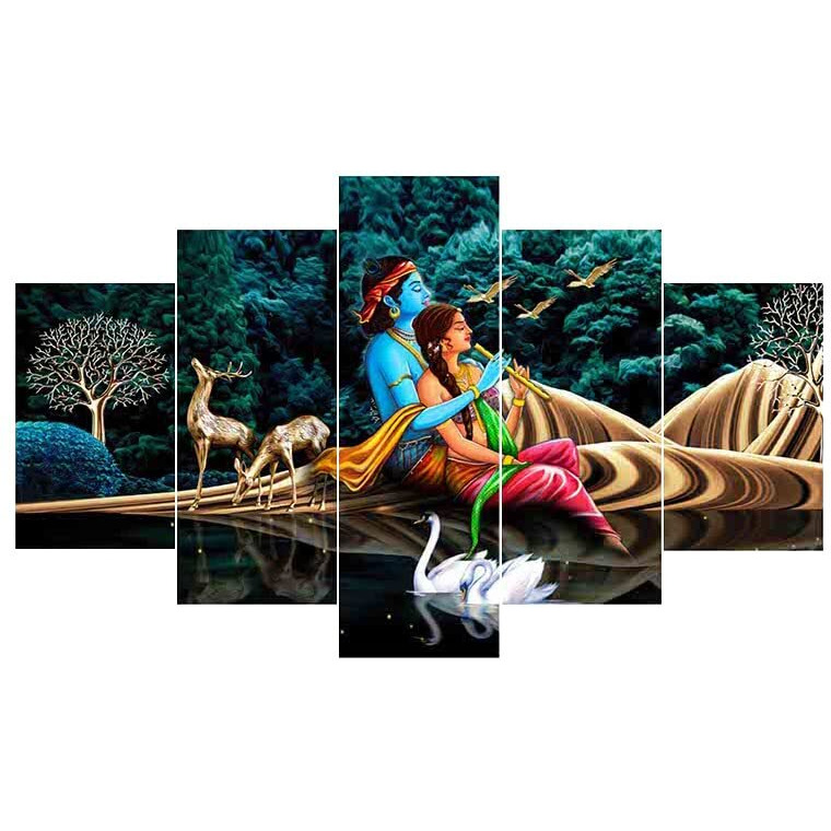 Perpetual Radha Krishna Painting With Frame | Krishna Wall Painting For Living Room | 3D Radha Krishna Photo Frame | Painting For Wall Decoration | Scenery Vastu Wall Hanging Set Of 5 (125X60 Cm) K6A