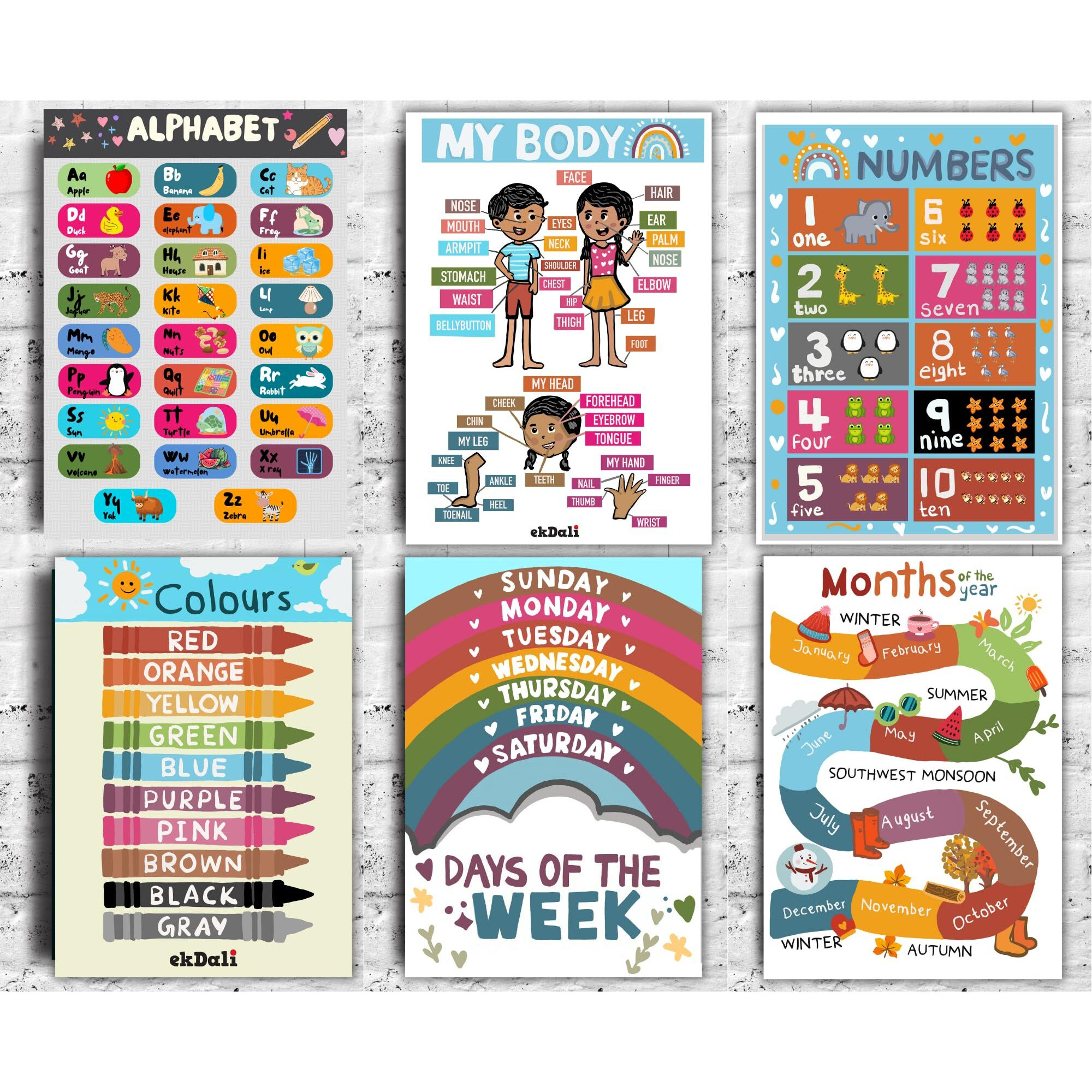 Ekdali Set Of 6 Educational Motivational Wall Poster For Kids - Abcd Chart, Numbers 1To 10 And Other Basic Educational Content Covered. Boho Posters Color