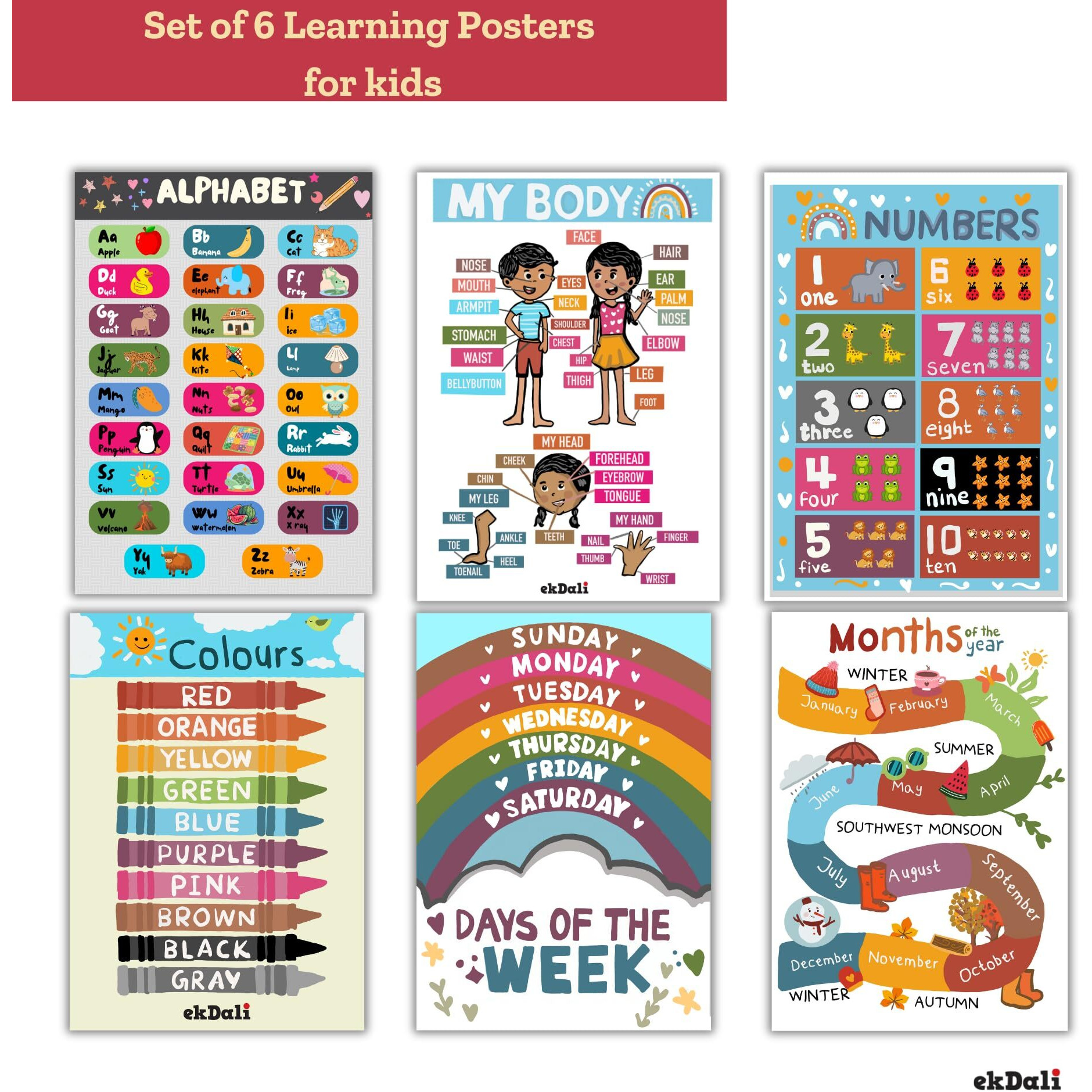 Ekdali Set Of 6 Educational Motivational Wall Poster For Kids - Abcd Chart, Numbers 1To 10 And Other Basic Educational Content Covered. Boho Posters Color