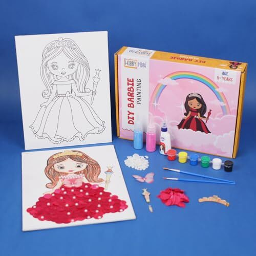 Hobby India Canvas Painting Kit Set For Kids Age 5+ I Pre-Sketched Art & Craft I Gift Diy Age 6-12 I Room Wall Hanging Office & Home Decor (Barbie)