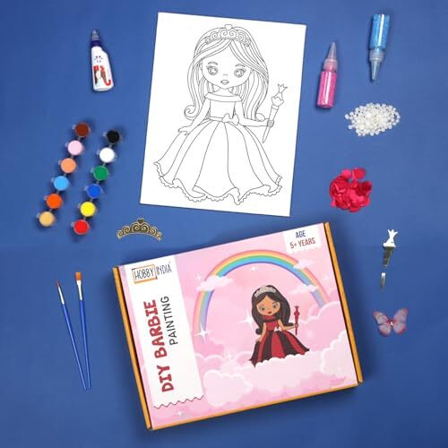 Hobby India Canvas Painting Kit Set For Kids Age 5+ I Pre-Sketched Art & Craft I Gift Diy Age 6-12 I Room Wall Hanging Office & Home Decor (Barbie)