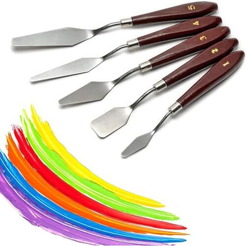 Eclet Palette Painting Knives - Set Of 5 Various Sizes & Shapes, Stainless Steel Scraper Spatula With Polished Brown Handle For Artist Canvas Oil Paint Mixing Colour(I)