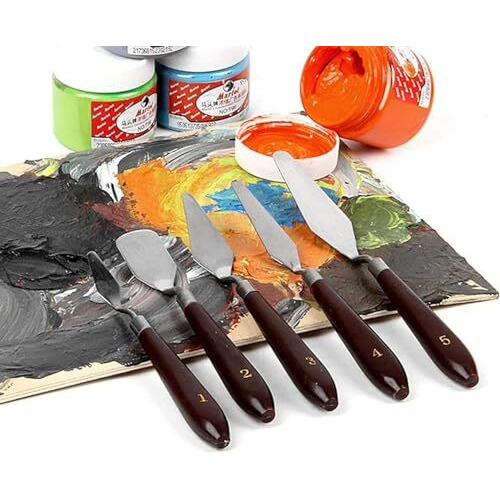 Eclet Palette Painting Knives - Set Of 5 Various Sizes & Shapes, Stainless Steel Scraper Spatula With Polished Brown Handle For Artist Canvas Oil Paint Mixing Colour(F)