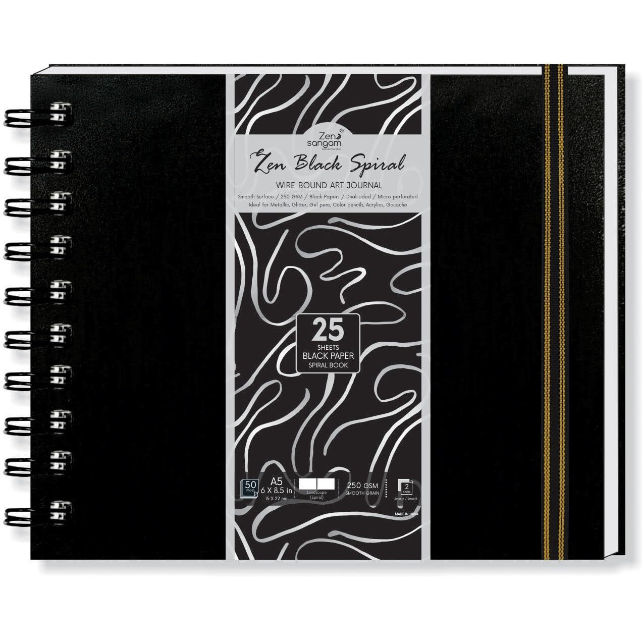 Zen Sangam Artists - A5 Spiral 250 Gsm Black Paper Sketchbook Journal - Landscape - Smooth Surface - 25 Sheets (50 Pages) - Size (14.8X21Cm) - Zen Black - Gouache, Acrylics, Metallic, Glitter, Gels