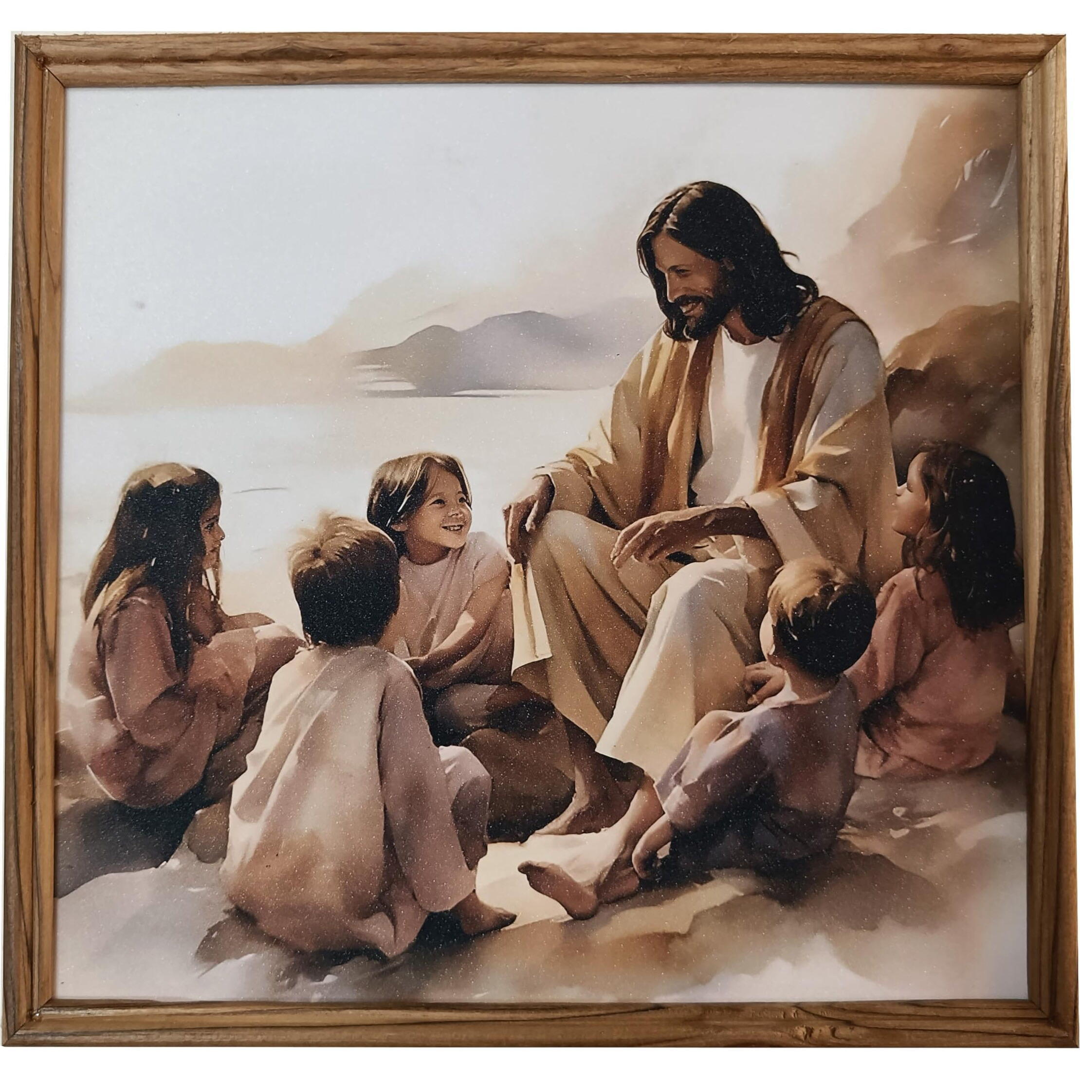 Elegance Jesus Christ Childrens Painting Picture Photo Teakwood Wooden Frame Good Shepherd Christian Art Painting Size- 12.75 Height X 13.5 Length Inch
