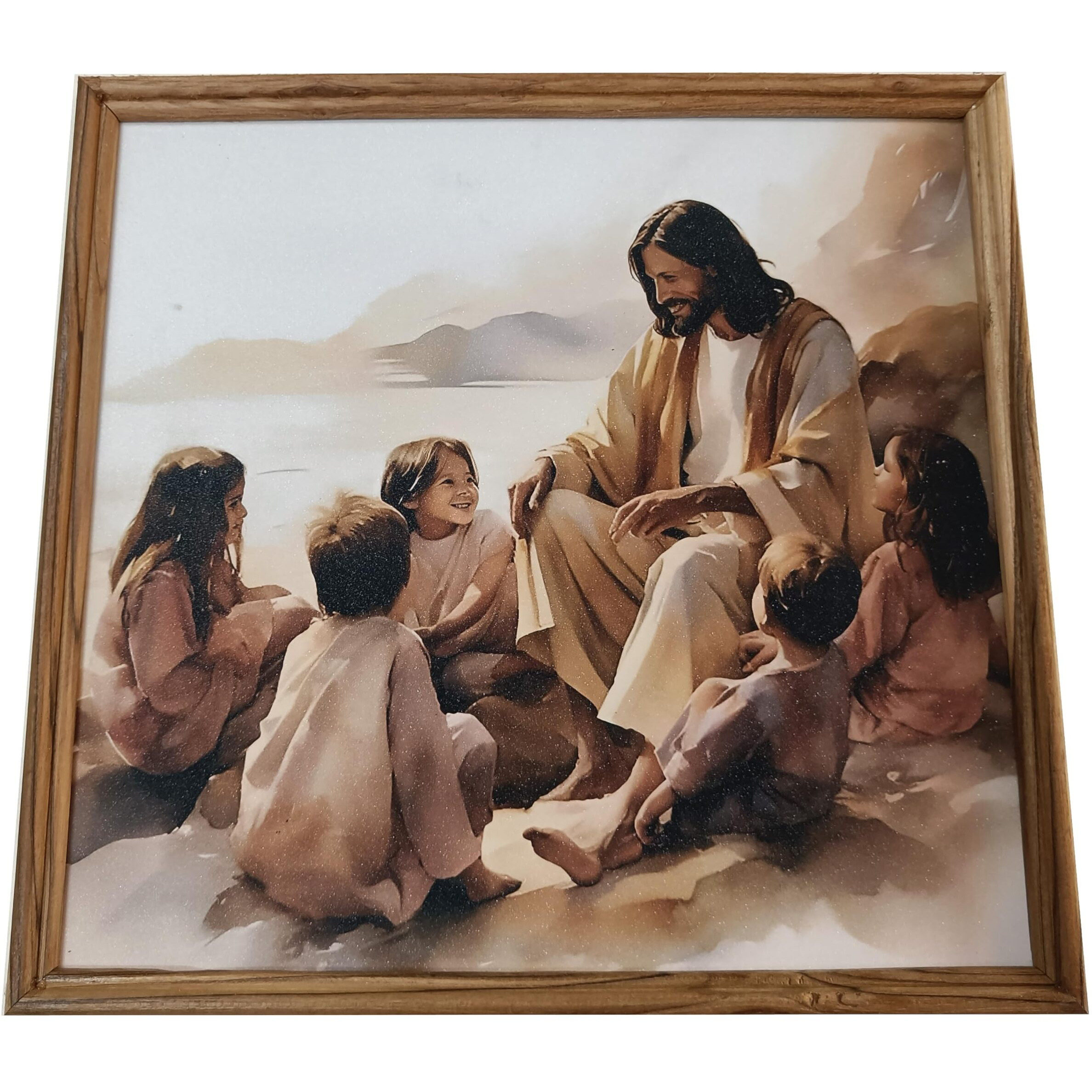 Elegance Jesus Christ Childrens Painting Picture Photo Teakwood Wooden Frame Good Shepherd Christian Art Painting Size- 12.75 Height X 13.5 Length Inch