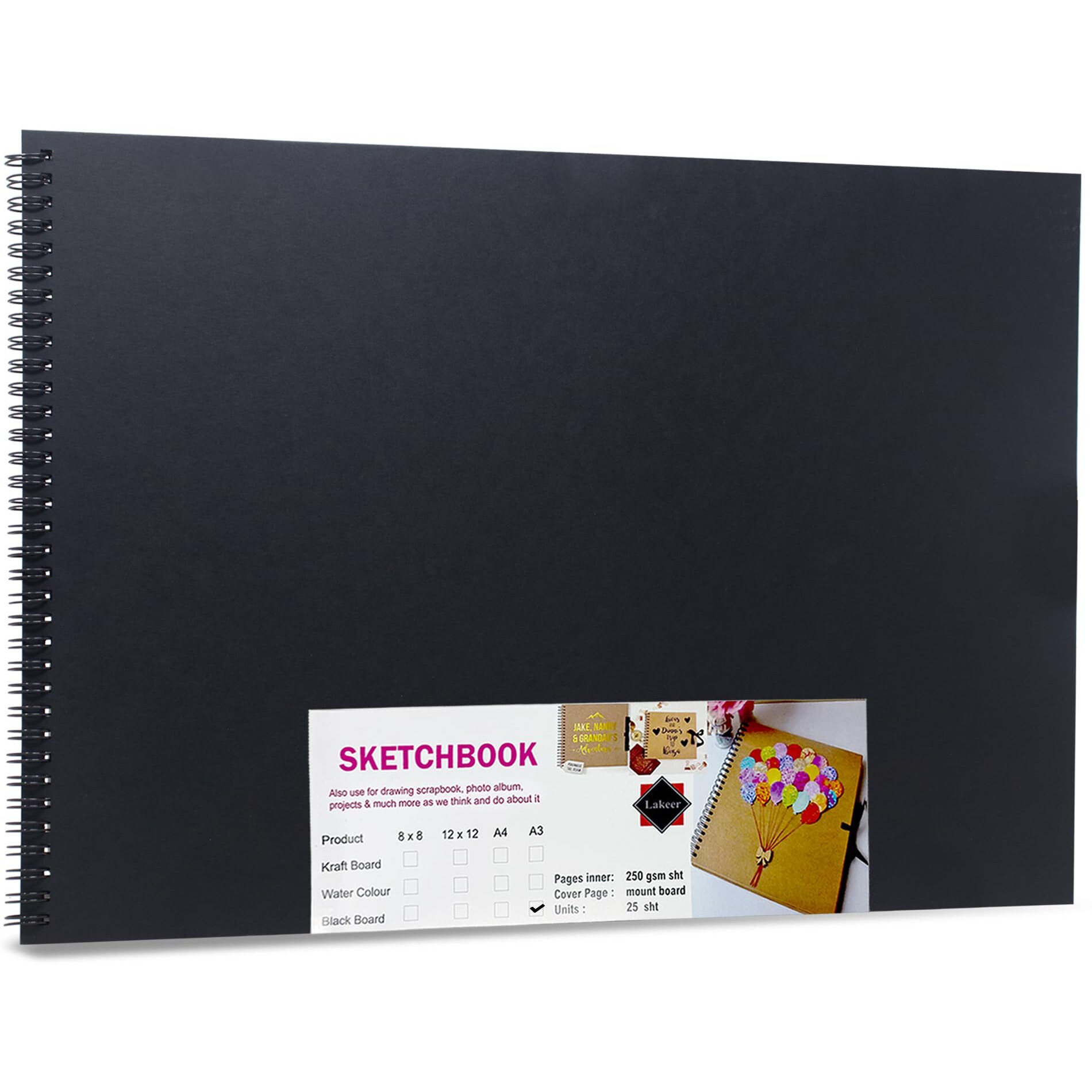 Lakeer Black Sketchbook - A3 Size|250 Gsm-25 Sheets, For Sketching, Drawing, Panting, Etc