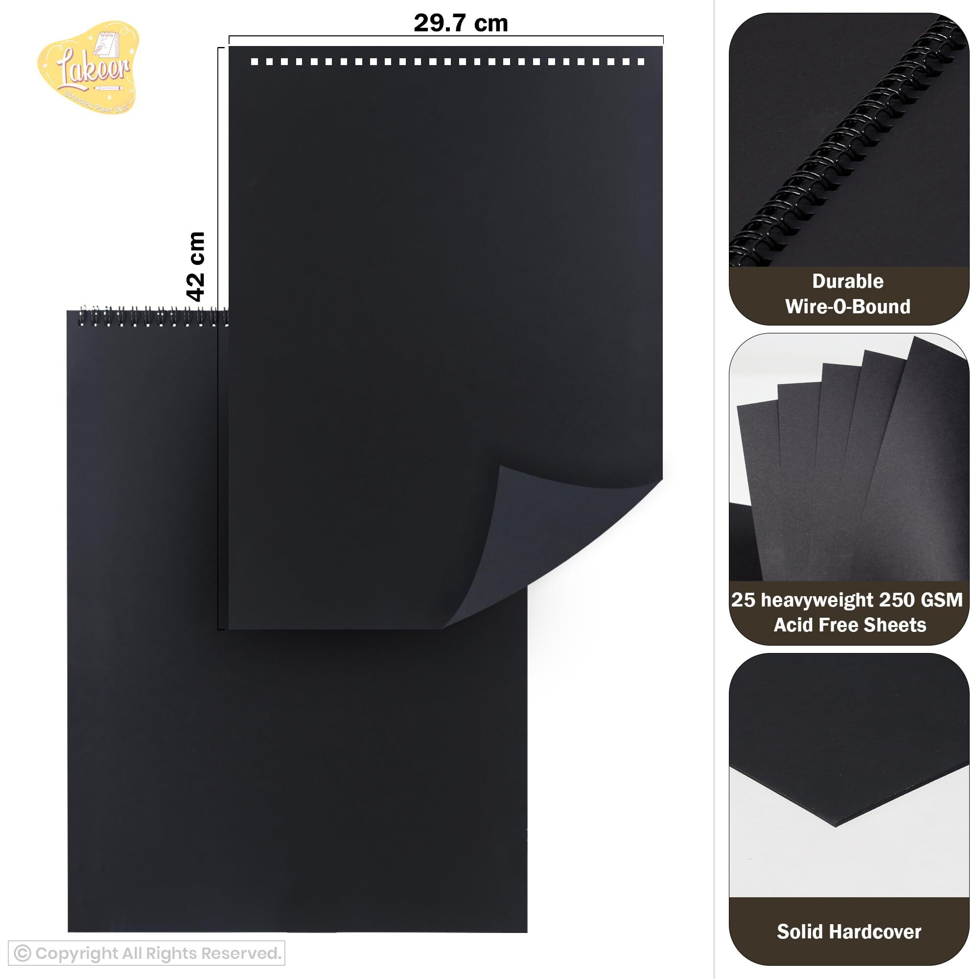 Lakeer Black Sketchbook - A3 Size|250 Gsm-25 Sheets, For Sketching, Drawing, Panting, Etc